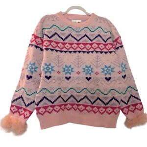 KLESIS fair isle sweater Sz S-M,Oversized, furr puff on cuffs. Winter Snow.